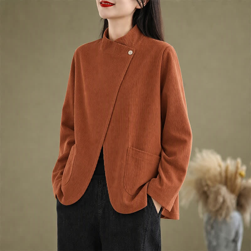 Buddha Stones Chemises à manches longues pour femmes, en velours côtelé uni, style automne-hiver décontracté, col mandarin, coupe asymétrique, avec poches - Terre de sienne - US12, UK/AU16, EU44 (3XL) - image 0