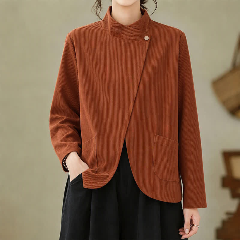 Buddha Stones Chemises à manches longues pour femmes, en velours côtelé uni, style automne-hiver décontracté, col mandarin, coupe asymétrique, avec poches - image 1