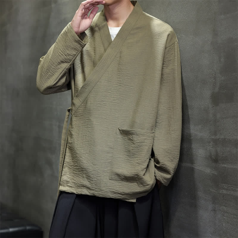 Buddha Stones Kimono minimaliste à cordon de serrage et poche pour homme, style Tang, avec poche - DarkKhaki - US/UK/AU48，EU58 (4XL) - image 0