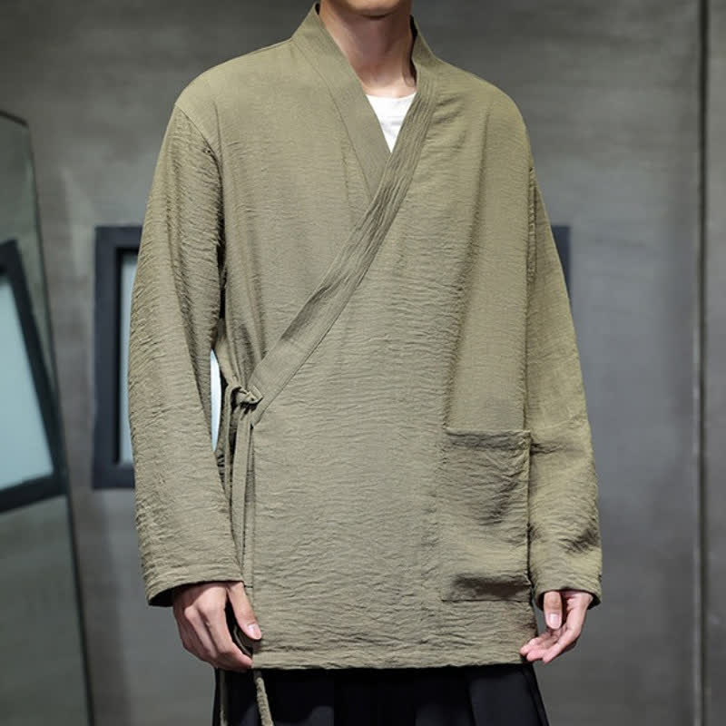 Buddha Stones Kimono minimaliste à cordon de serrage et poche pour homme, style Tang, avec poche - image 1