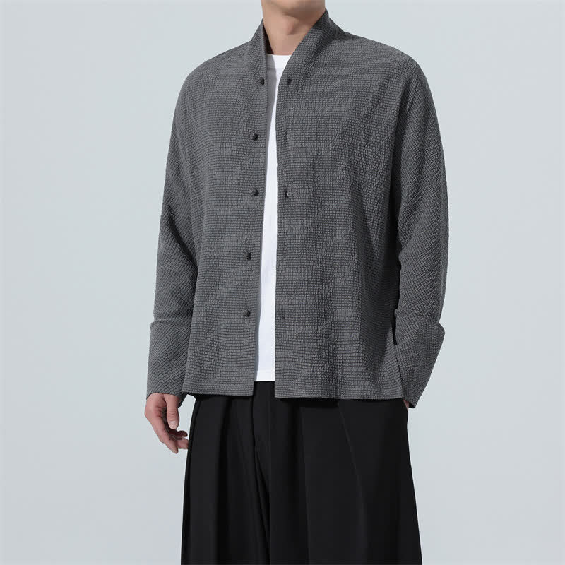 Buddha Stones Chemises à manches longues pour hommes, style Tang, boutonnées, fendues sur le côté, unies, automne - Gris ardoise foncé - US/UK/AU48，EU58(5XL) - image 0