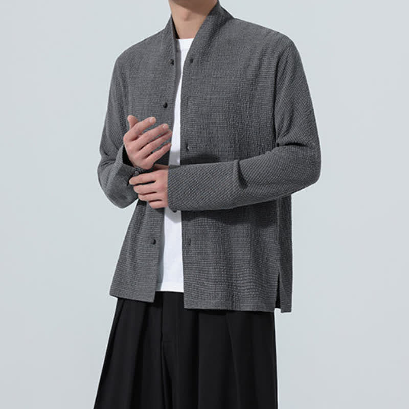 Buddha Stones Chemises à manches longues pour hommes, style Tang, boutonnées, fendues sur le côté, unies, automne - image 1
