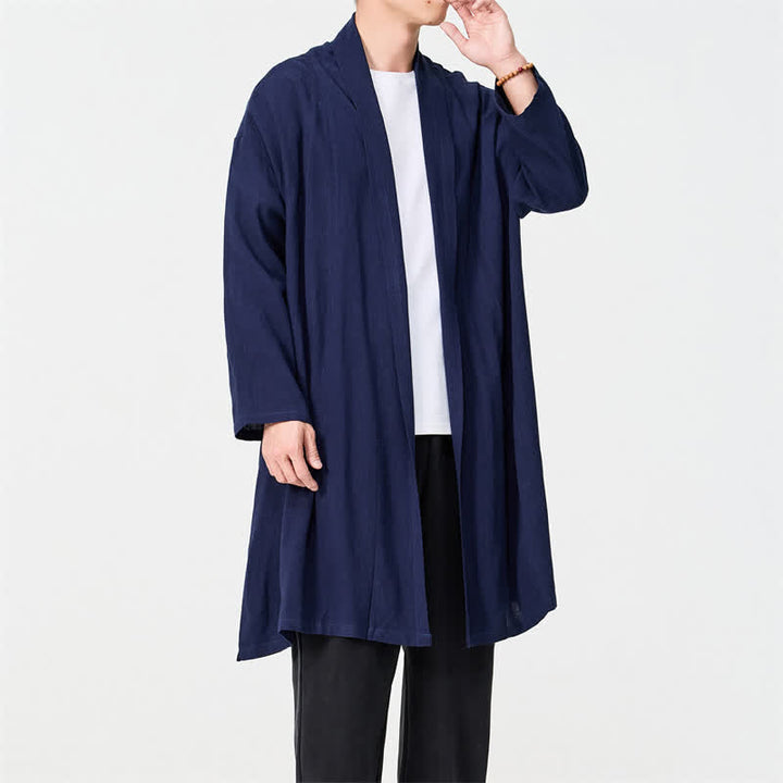 Buddha Stones Kimono homme uni style Tang minimaliste rétro automne - Bleu nuit - US/UK/AU48，EU58(5XL) - image 0