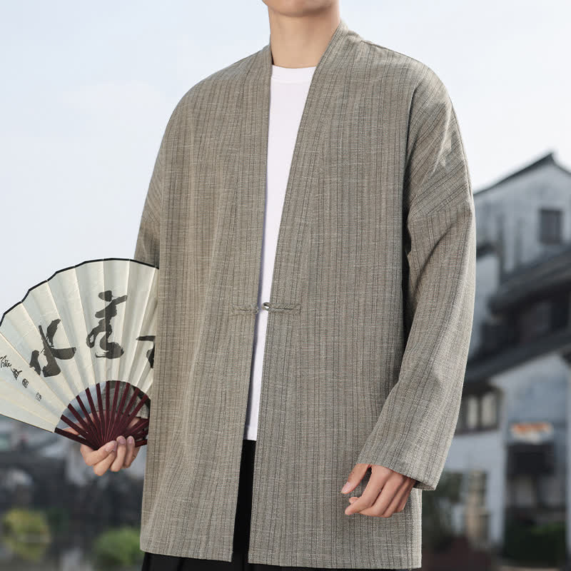 Buddha Stones Kimono minimaliste à un bouton brandebourg pour homme, style printemps, couleur unie - Kaki foncé - US/UK/AU44，EU54 (4XL) - image 0