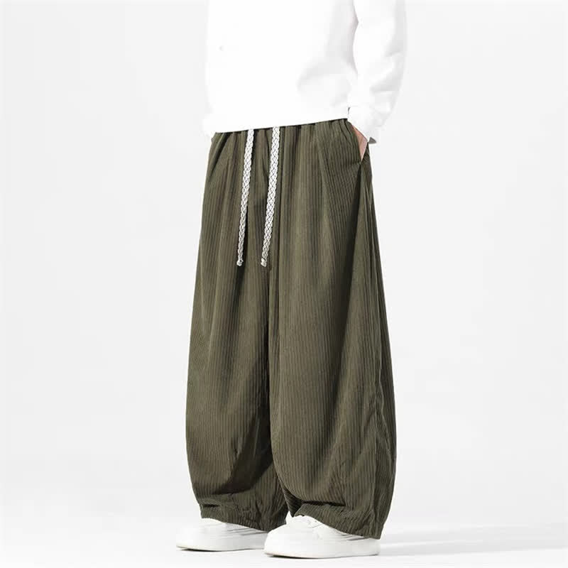 Buddha Stones Pantalon basique printemps automne/printemps à cordon de serrage, coupe droite, en velours côtelé, avec poches. - Vert olive foncé - US/UK/AU46，EU56 (5XL) - image 0