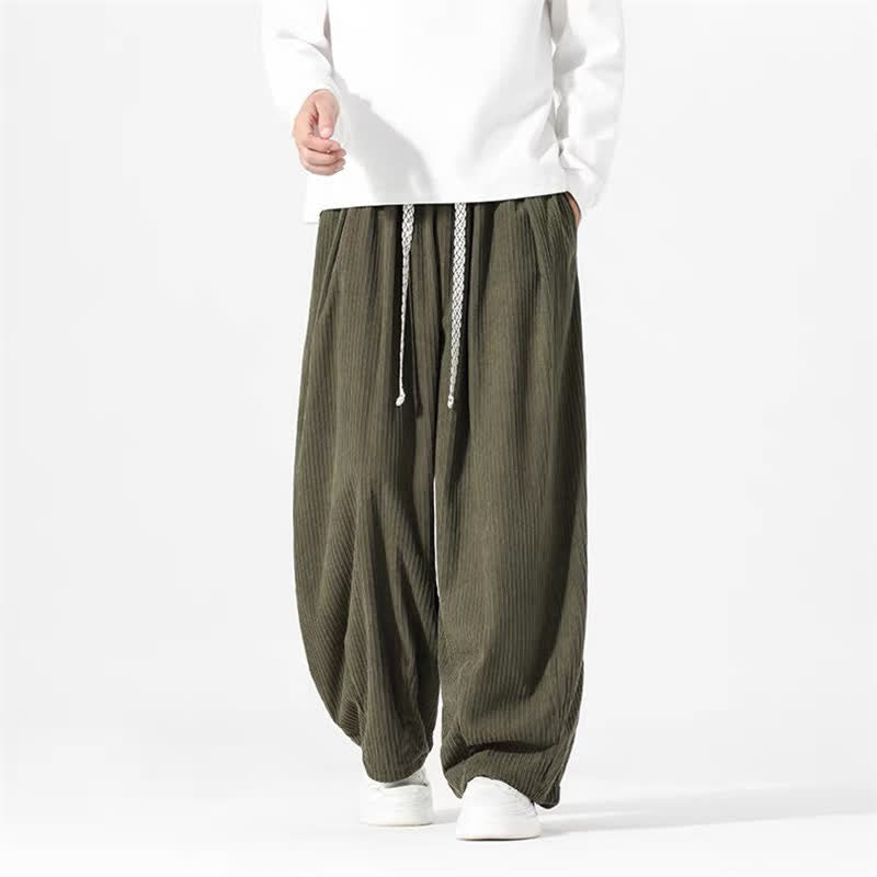 Buddha Stones Pantalon basique printemps automne/printemps à cordon de serrage, coupe droite, en velours côtelé, avec poches. - image 1