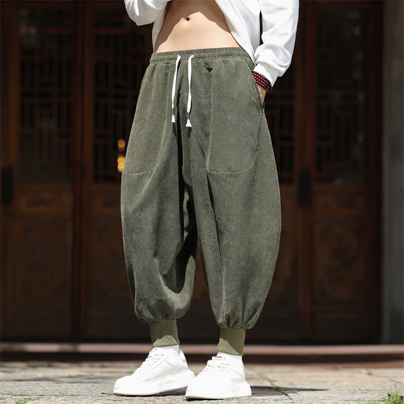 Buddha Stones Pantalon harem homme vintage décontracté automne-hiver, uni, court, en velours côtelé avec poches - Vert olive foncé - US/UK/AU46，EU56 (5XL) - image 0