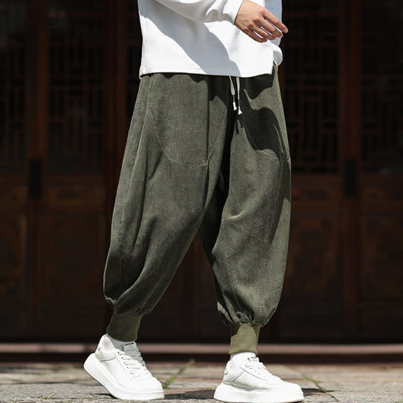 Buddha Stones Pantalon harem homme vintage décontracté automne-hiver, uni, court, en velours côtelé avec poches - image 1