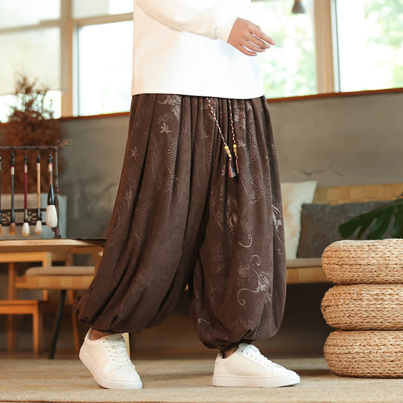 Buddha Stones Pantalon harem homme en velours côtelé, style rétro décontracté, avec cordon de serrage et motif dragon, idéal pour le printemps et l'automne. - SaddleBrown - US/UK/AU46，EU56 (5XL) - image 0