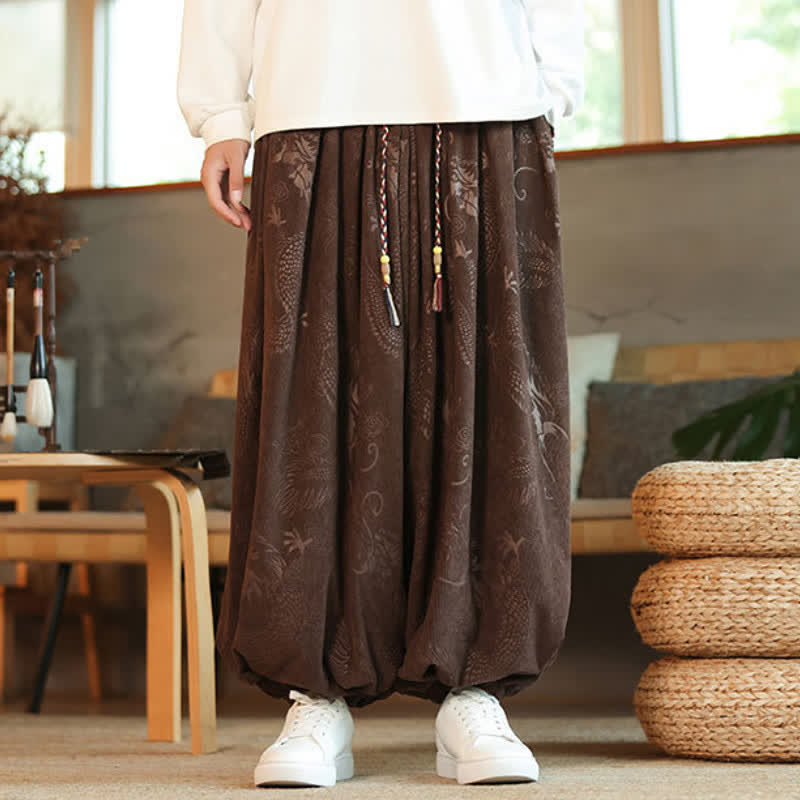 Buddha Stones Pantalon harem homme en velours côtelé, style rétro décontracté, avec cordon de serrage et motif dragon, idéal pour le printemps et l'automne. - image 1
