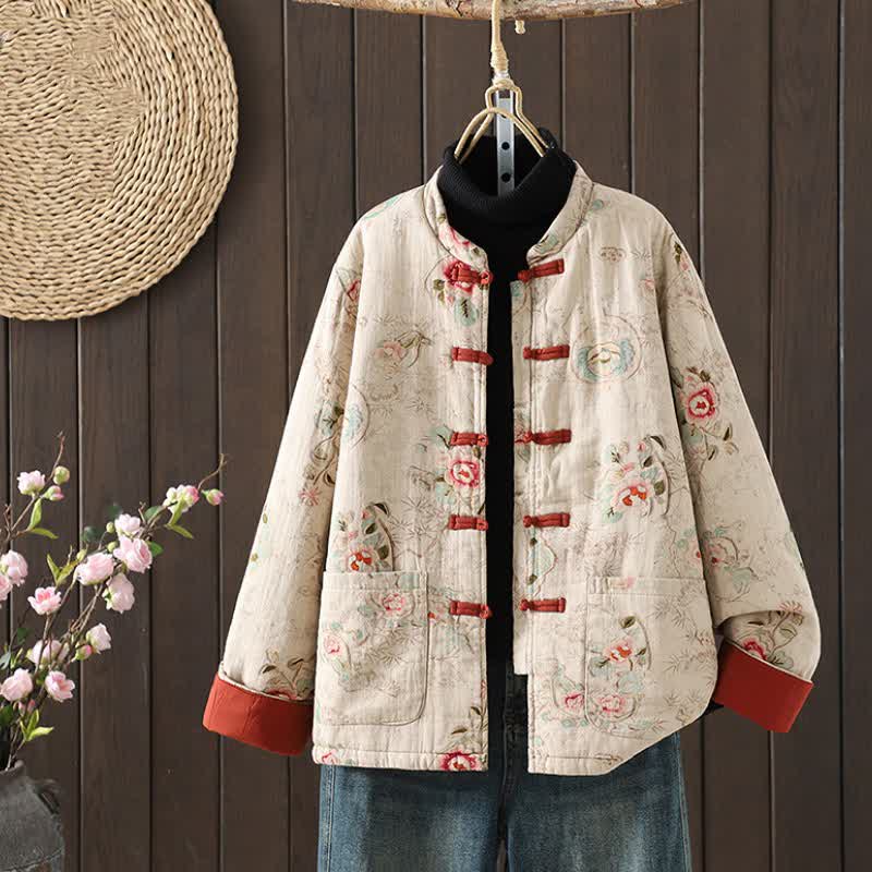 Buddha Stones Veste d'automne-hiver vintage en coton, style Tang, col mandarin, boutons brandebourg, motif pivoine, poches - Beige - US8-10，UK/AU12-14，EU40-42 (2XL) - image 0
