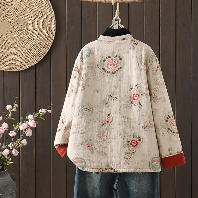 Buddha Stones Veste d'automne-hiver vintage en coton, style Tang, col mandarin, boutons brandebourg, motif pivoine, poches - image 1