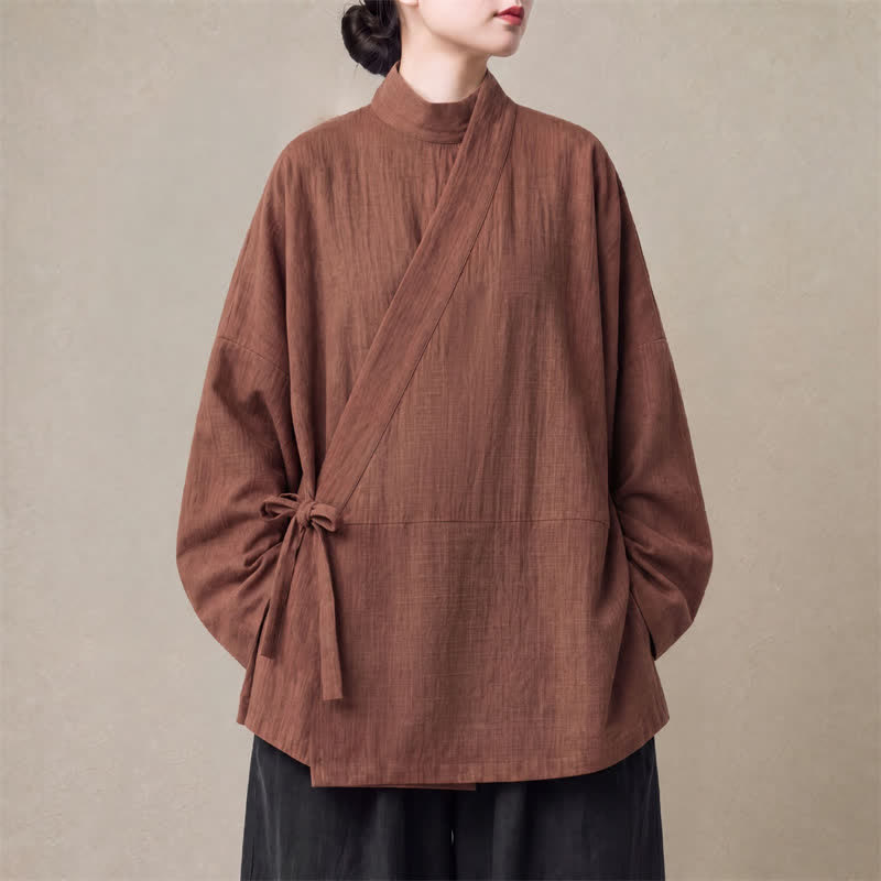 Buddha Stones Kimono minimaliste d'automne style Tang à cordon de serrage en coton et lin uni pour femme - Terre de sienne - US16，UK/AU20，EU48 (5XL) - image 0