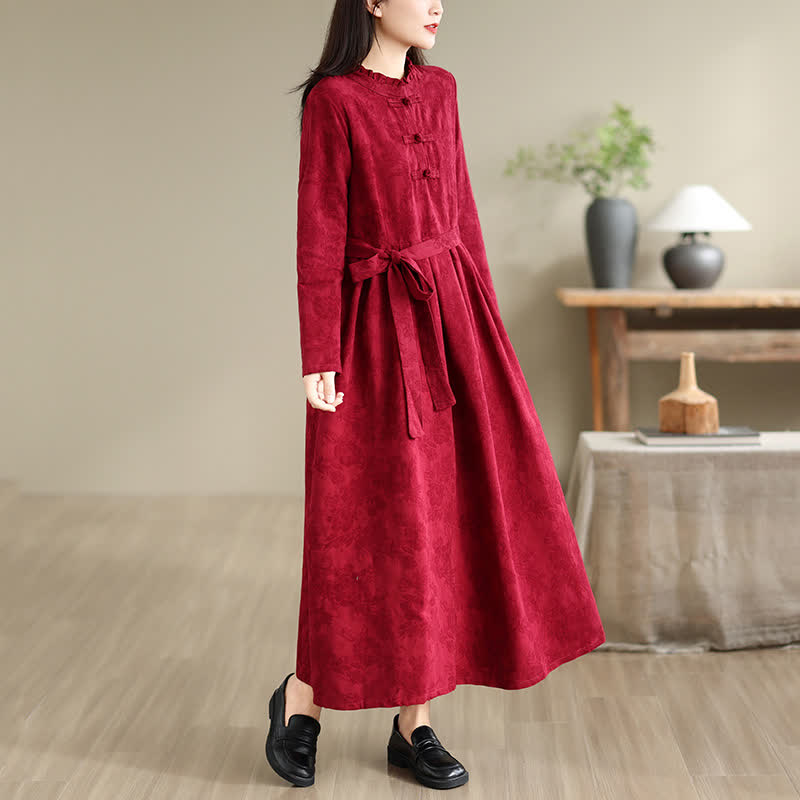 Buddha Stones Robe longue élégante automne-hiver en coton et lin, style Tang, à boutons brandebourg et motif pivoine rouge, manches longues et poches. - image 1