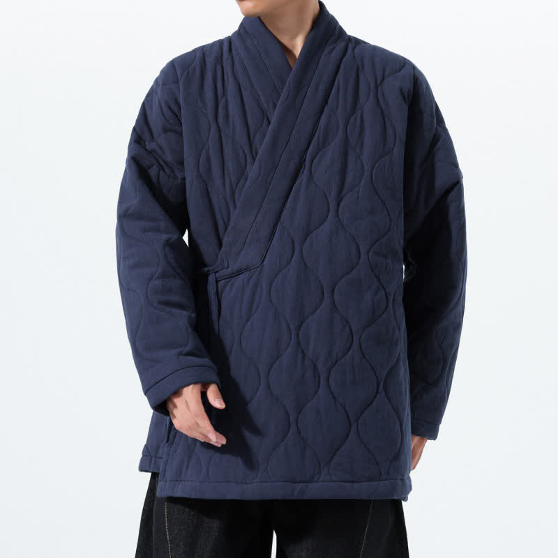 Buddha Stones Kimono homme uni style Tang minimaliste automne-hiver, fermeture portefeuille, cordon de serrage, rembourrage épais, poches - Bleu nuit - US/UK/AU46，EU56 (5XL) - image 0