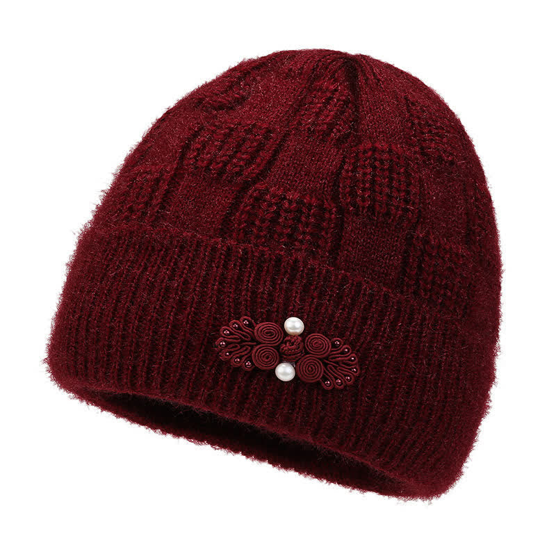 Buddha Stones Bonnet épais en maille côtelée à motif floral pour femme, automne-hiver - Bordeaux - image 1