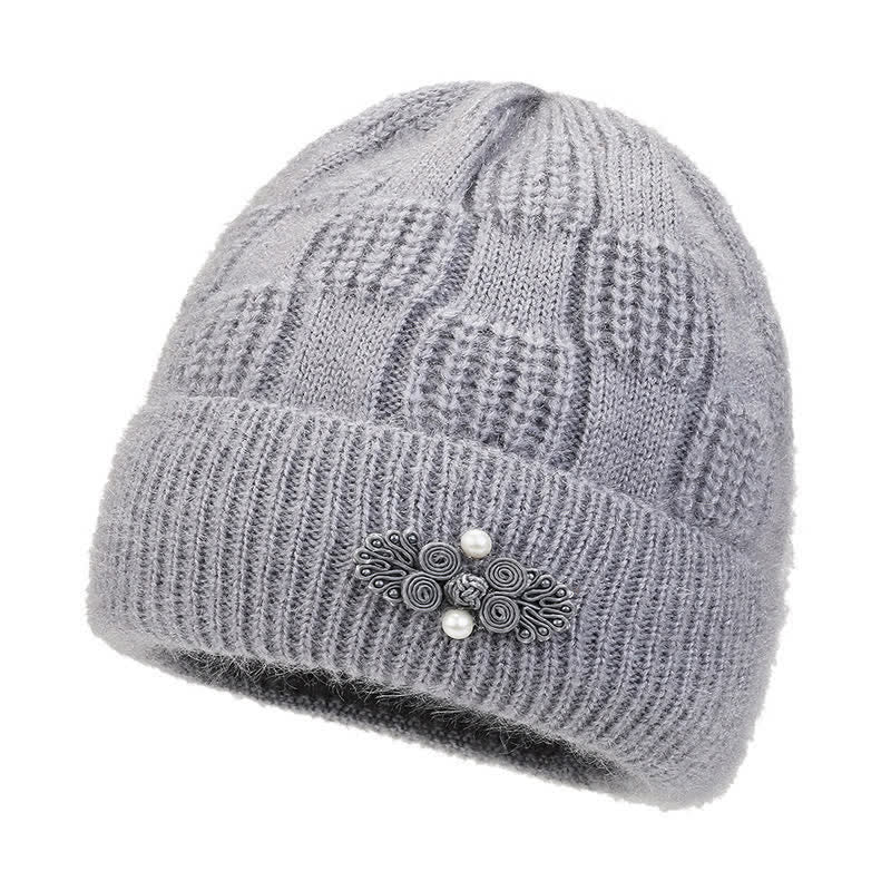 Buddha Stones Bonnet épais en maille côtelée à motif floral pour femme, automne-hiver - Gris foncé - image 0