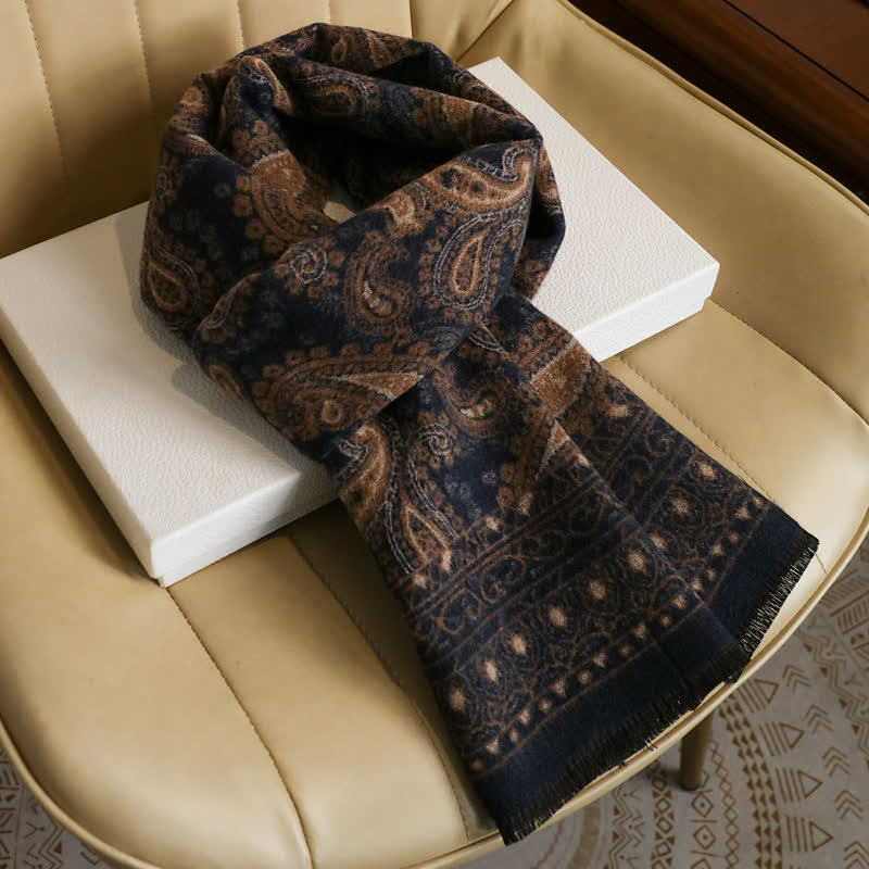 Buddha Stones Écharpe chaude pour homme à pompons et motif cachemire vintage automne-hiver - Noir et beige. Environ 180 × 30 cm - image 0
