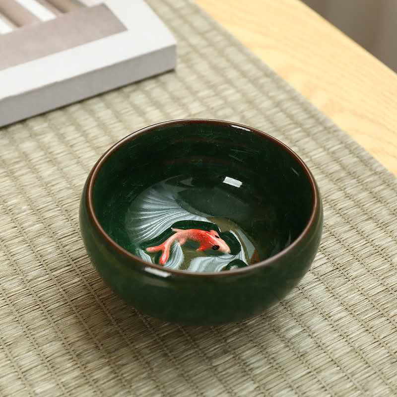 Buddha Stones Tasse à thé Gongfu en céramique à motif de carpes koï et glaçure craquelée - Vert - image 1