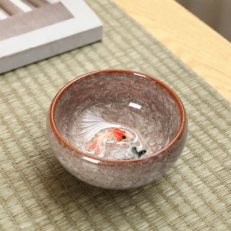 Buddha Stones Tasse à thé Gongfu en céramique à motif de carpes koï et glaçure craquelée - Corail - image 7