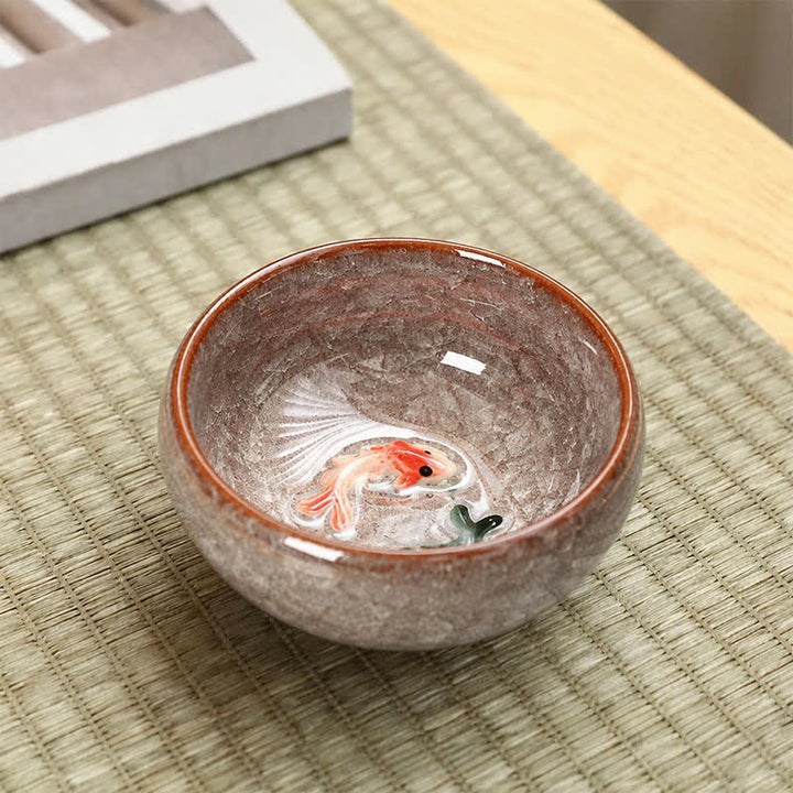Buddha Stones Tasse à thé Gongfu en céramique à motif de carpes koï et glaçure craquelée - Corail - image 7