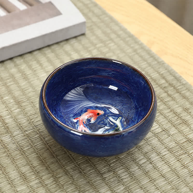 Buddha Stones Tasse à thé Gongfu en céramique à motif de carpes koï et glaçure craquelée - Bleu foncé - image 4