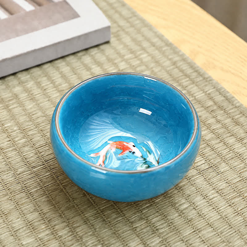 Buddha Stones Tasse à thé Gongfu en céramique à motif de carpes koï et glaçure craquelée - Bleu ciel - image 3