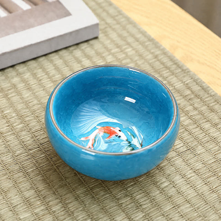 Buddha Stones Tasse à thé Gongfu en céramique à motif de carpes koï et glaçure craquelée - Bleu ciel - image 3