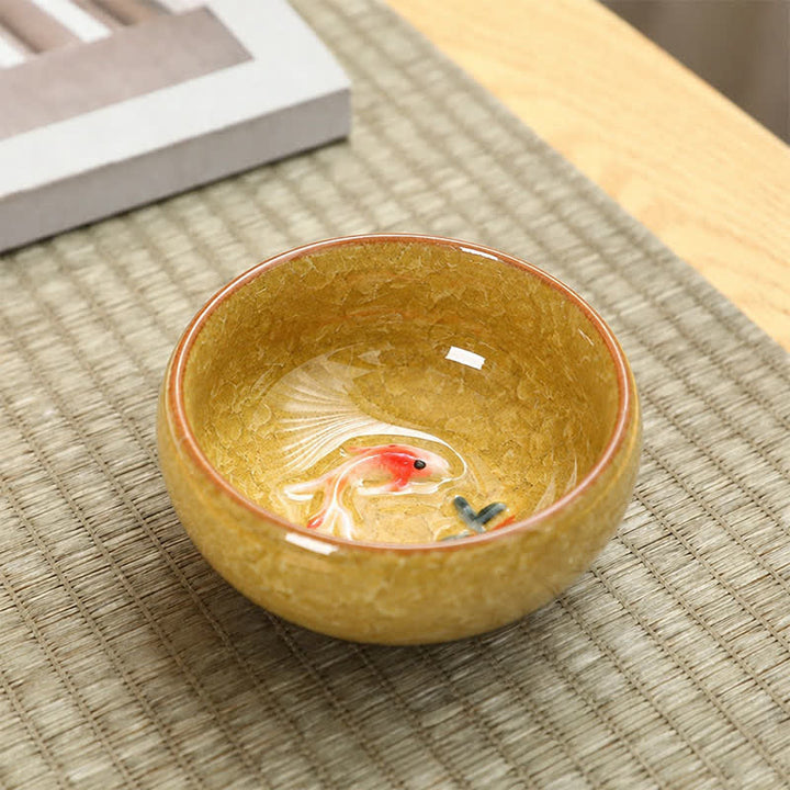 Buddha Stones Tasse à thé Gongfu en céramique à motif de carpes koï et glaçure craquelée - Jaune - image 6