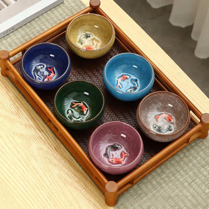 Buddha Stones Tasse à thé Gongfu en céramique à motif de carpes koï et glaçure craquelée - image 0