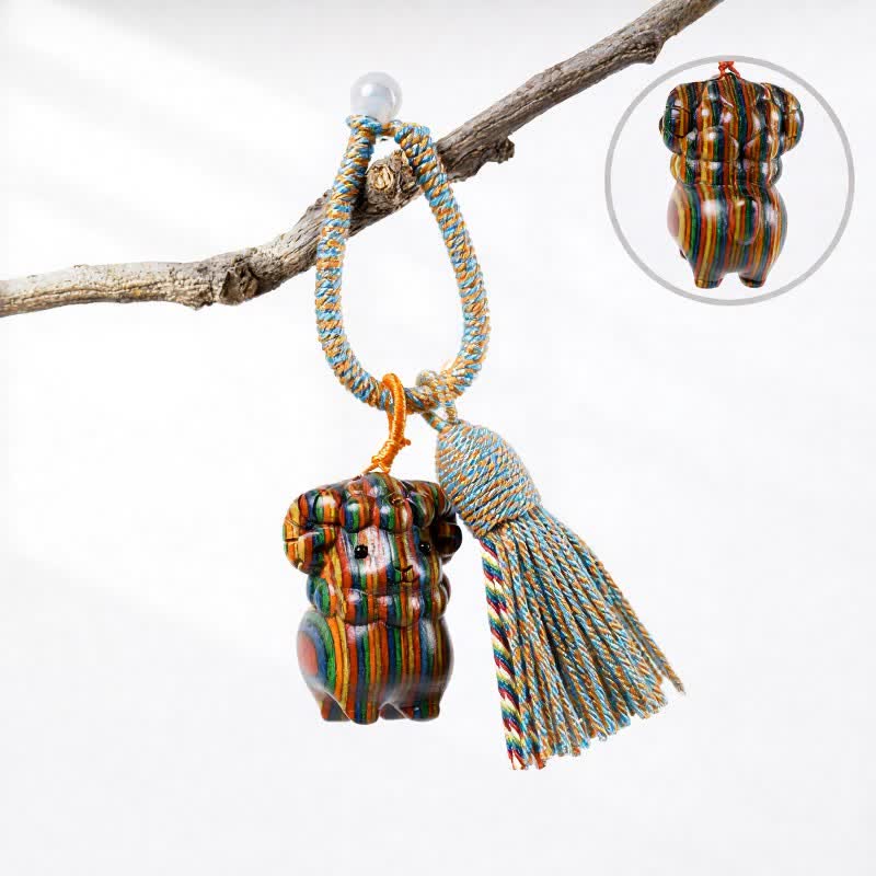 Buddha Stones Porte-clés à pompon en bois de santal vert sculpté à la main, motif chèvre arc-en-ciel et eucalyptus - Eucalyptus arc-en-ciel - Orange Bleu - image 8