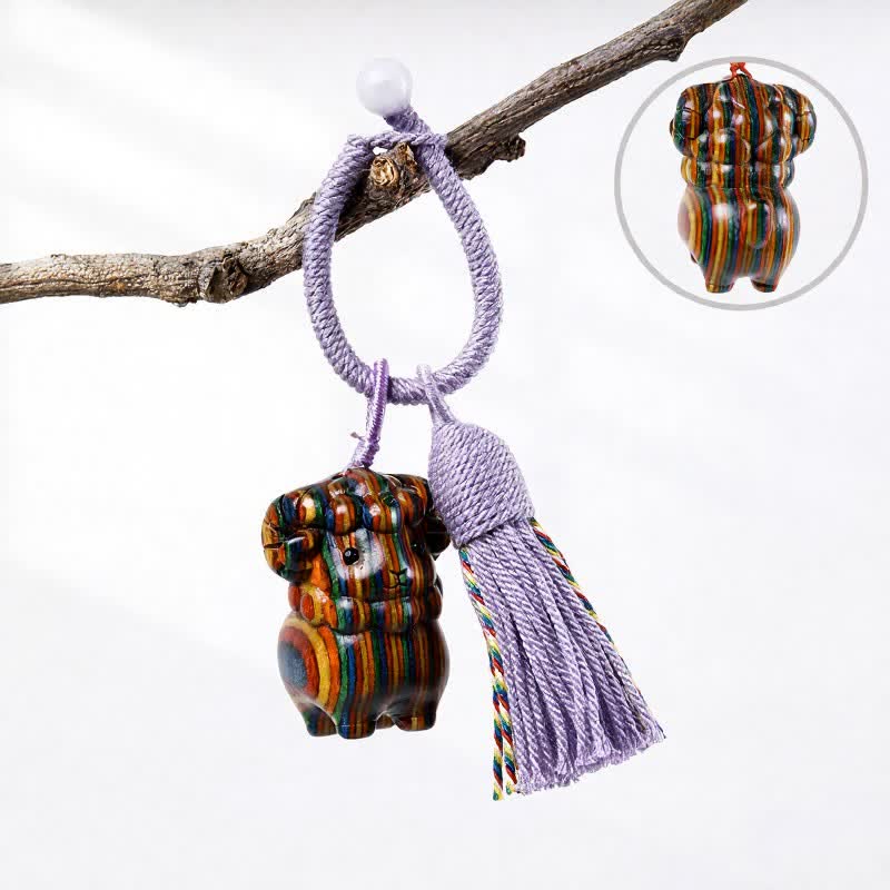 Buddha Stones Porte-clés à pompon en bois de santal vert sculpté à la main, motif chèvre arc-en-ciel et eucalyptus - Eucalyptus arc-en-ciel - Violet - image 11