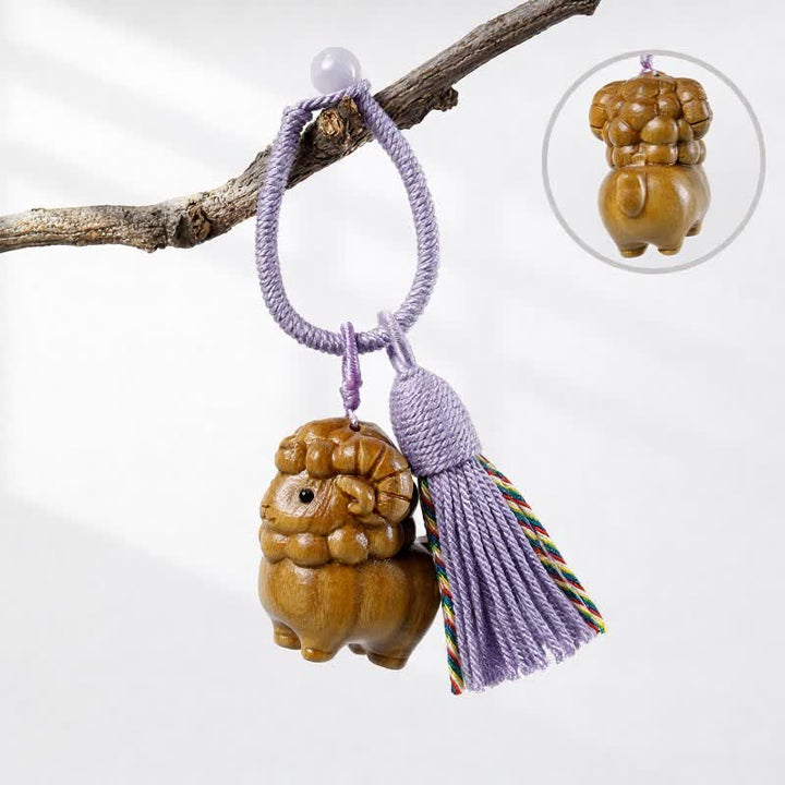 Buddha Stones Porte-clés à pompon en bois de santal vert sculpté à la main, motif chèvre arc-en-ciel et eucalyptus - Bois de santal vert - Violet - image 4