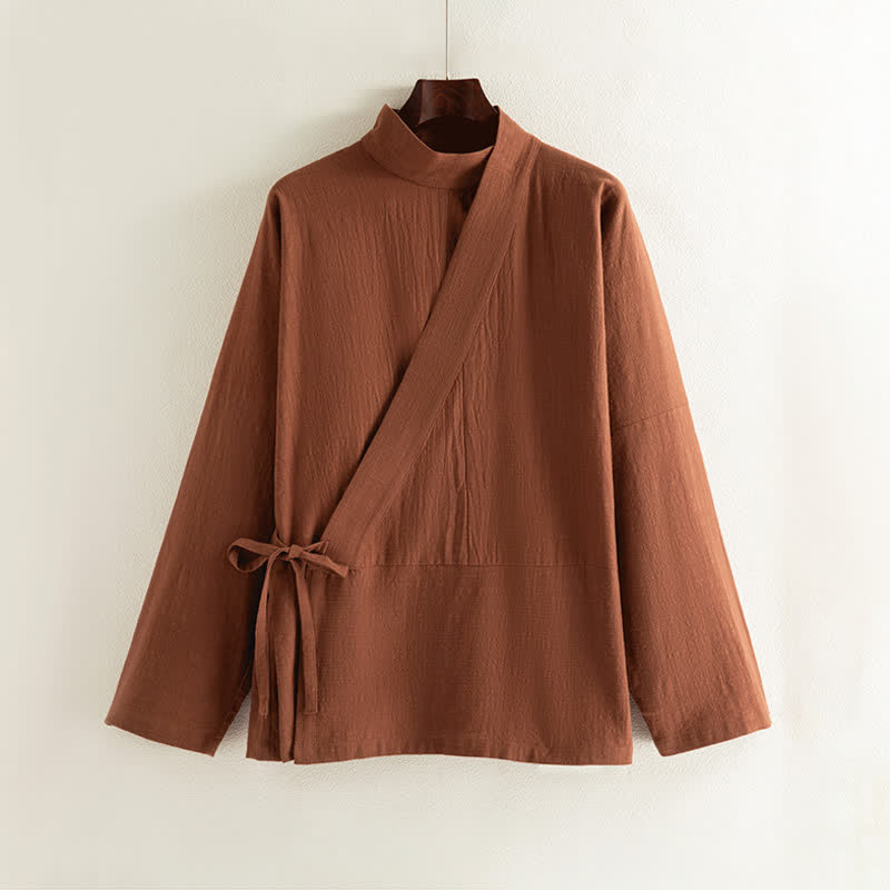 Buddha Stones Kimono minimaliste d'automne style Tang à cordon de serrage en coton et lin uni pour femme - image 1