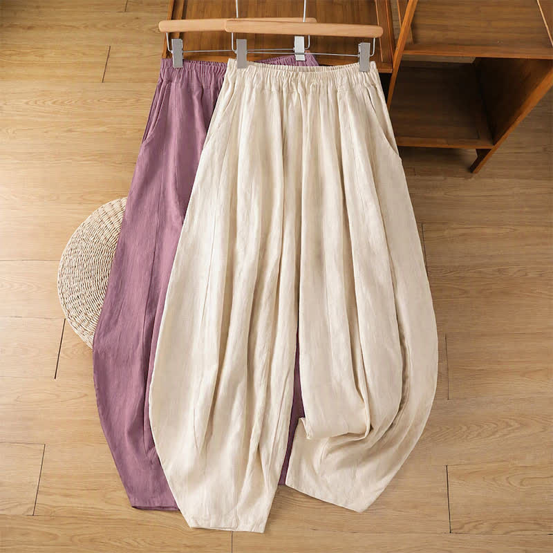 Buddha Stones Pantalon sarouel classique décontracté printemps-été à cordon de serrage, couleur unie, court, avec poches - image 0