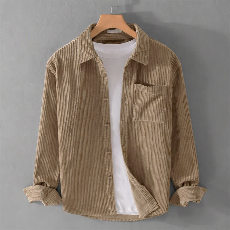 Buddha Stones Chemises homme automne-hiver décontractées vintage en velours côtelé uni à manches longues et poches plaquées - Tanné - US/UK/AU44, EU54 (4XL) - image 0