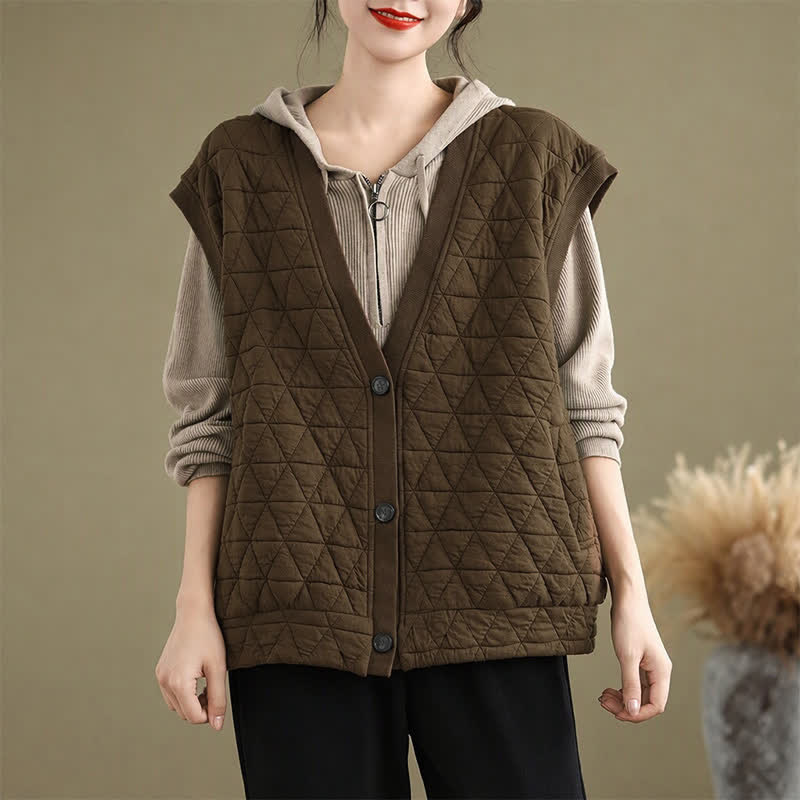 Buddha Stones Débardeur matelassé à losanges, style rétro décontracté, avec poches, à boutons, pour femme, automne-hiver - SaddleBrown - US12, UK/AU16, EU44 (2XL) - image 0