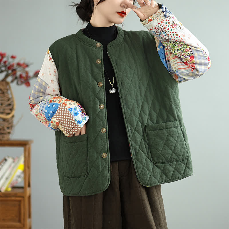 Buddha Stones Veste réversible à boutons, style vintage décontracté, patchwork floral, pour femme, automne-hiver, avec poches - image 1