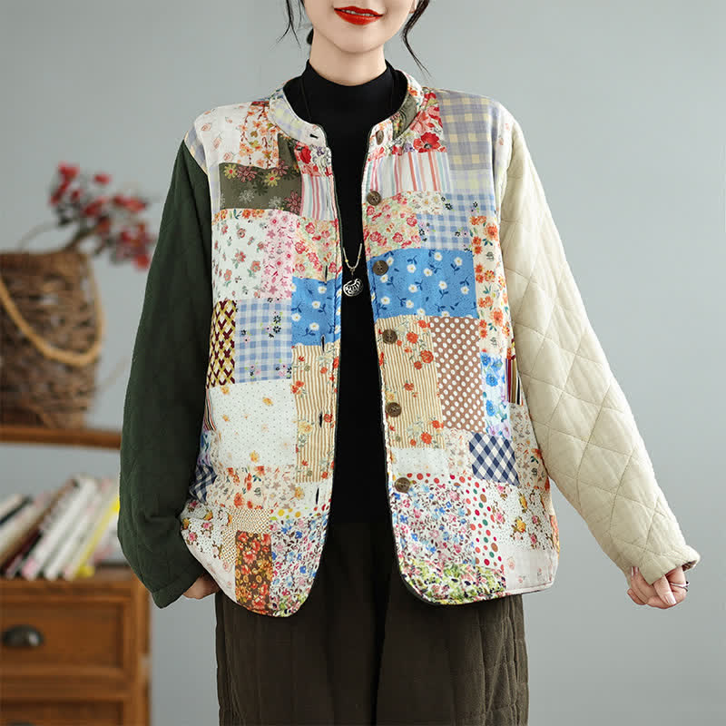 Buddha Stones Veste réversible à boutons, style vintage décontracté, patchwork floral, pour femme, automne-hiver, avec poches - Beige - US8-10, UK/AU12-14, EU40-42 (2XL) - image 0