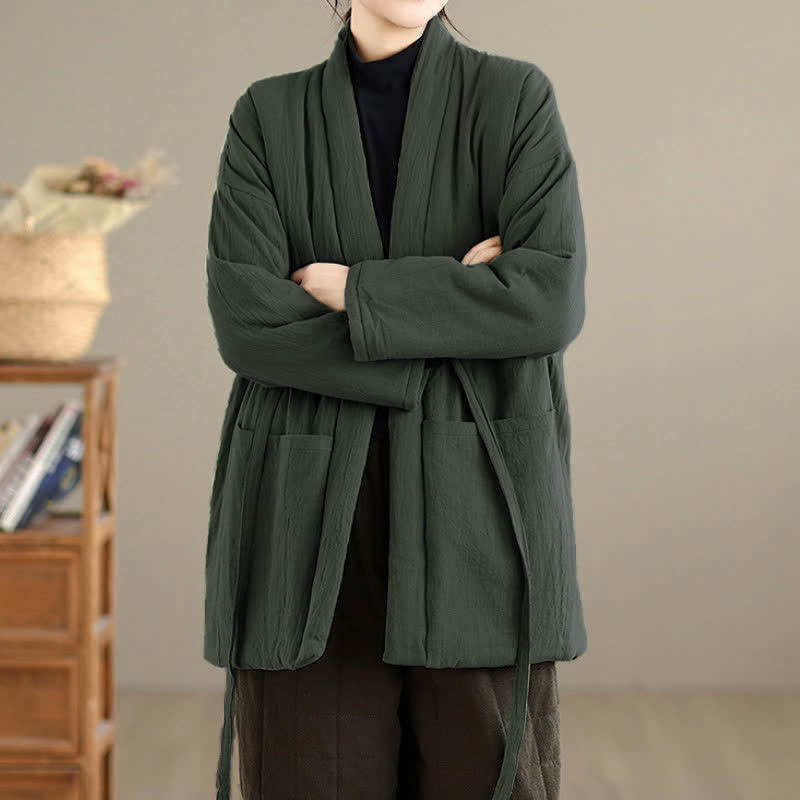 Buddha Stones Kimono femme uni, minimaliste et décontracté, avec poches, automne-hiver - image 1