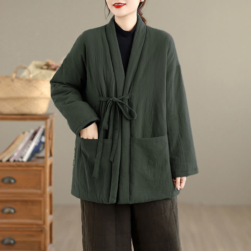Buddha Stones Kimono femme uni, minimaliste et décontracté, avec poches, automne-hiver - Vert foncé - US12, UK/AU16, EU44 (2XL) - image 0