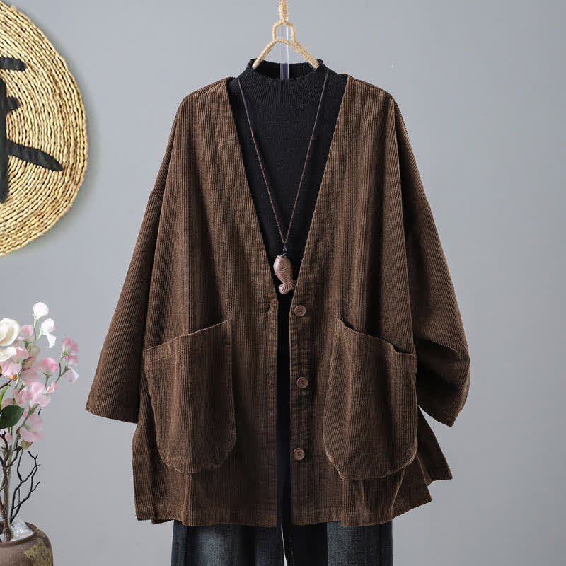 Buddha Stones Veste d'automne-hiver vintage simple en velours côtelé uni pour femme, avec poches - SaddleBrown - US14, UK/AU18, EU46 (2XL) - image 0