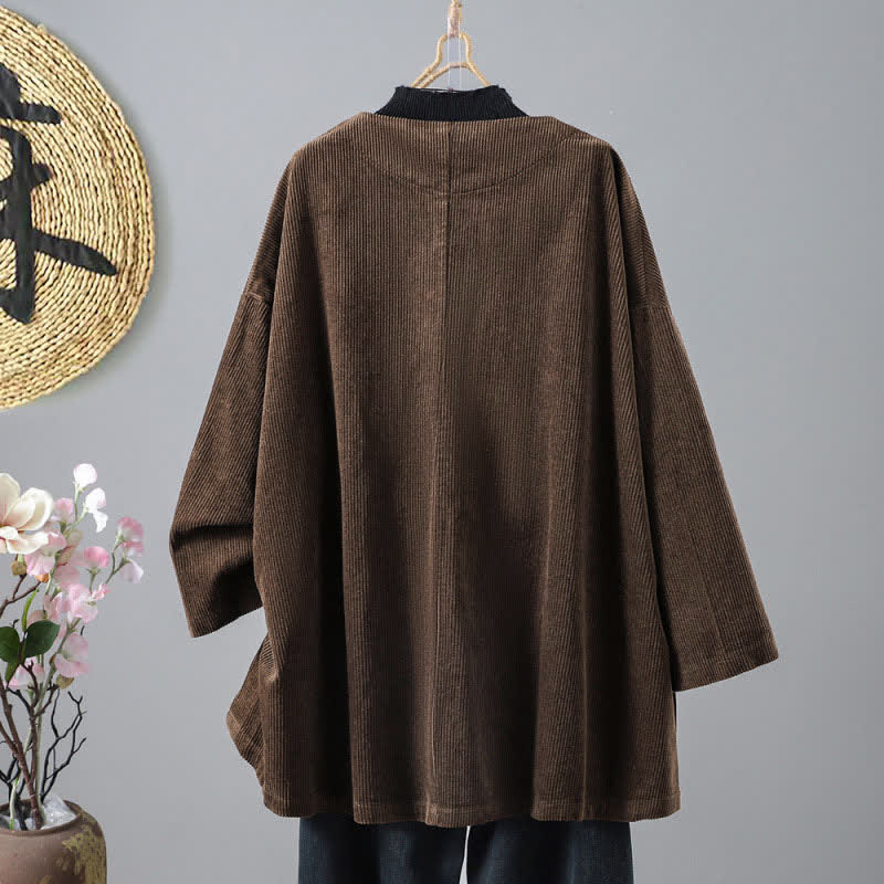 Buddha Stones Veste d'automne-hiver vintage simple en velours côtelé uni pour femme, avec poches - image 1