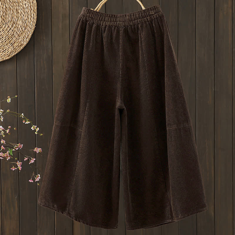 Buddha Stones Pantalon Capri en velours côtelé uni à cordon de serrage, style décontracté automne-hiver, pantalon large en velours côtelé pour femme avec poches - image 1