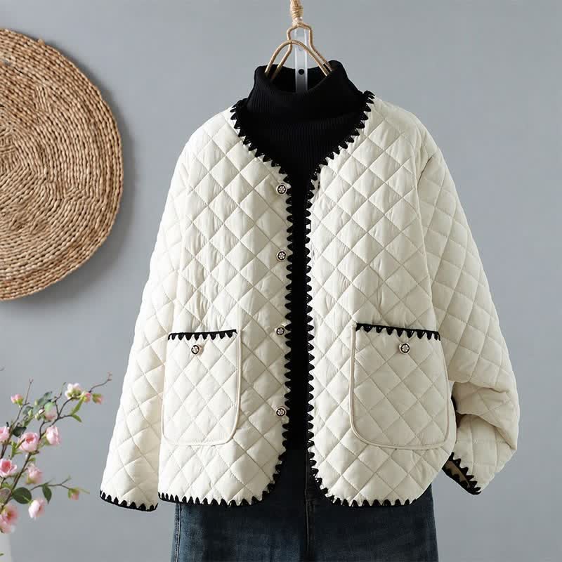 Buddha Stones Veste d'hiver décontractée vintage à boutons pour femme, motif géométrique losange, avec poches - Blanc - US6, UK/AU10, EU38 (XL) - image 0