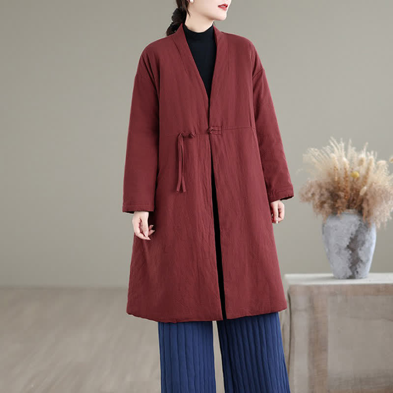 Buddha Stones Manteau d'hiver minimaliste décontracté pour femme, à cordon de serrage, uni, avec poches - image 1