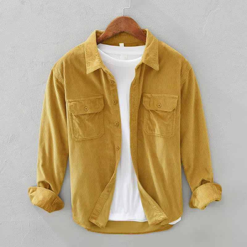 Buddha Stones Chemises à manches longues pour homme, style automne décontracté vintage, en velours côtelé uni, avec poches plaquées - Pérou - US/UK/AU40, EU50 (2XL) - image 0