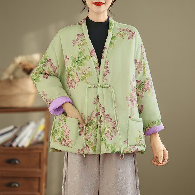 Buddha Stones Kimono femme automne-hiver vintage style Tang à boutons grenouille et motif floral avec poches - Melon miellat - US12, UK/AU16, EU44 (XL) - image 0