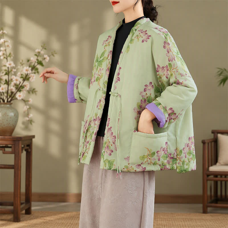 Buddha Stones Kimono femme automne-hiver vintage style Tang à boutons grenouille et motif floral avec poches - image 1