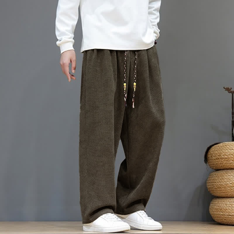 Buddha Stones Pantalon classique uni automne-hiver à cordon de serrage et cheville, en velours côtelé, coupe droite, avec poches - image 1
